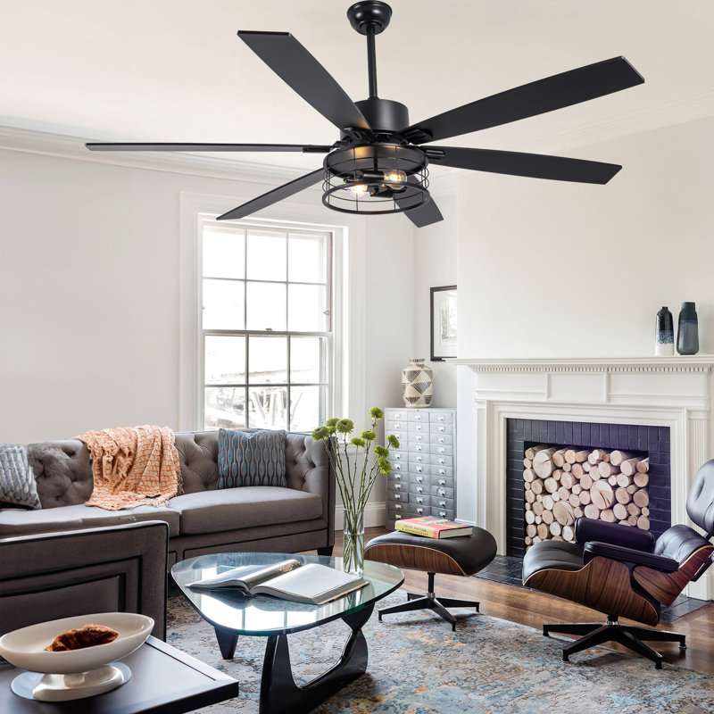 65 Inch Black Farmhouse Industrial Large Ceiling Fan with Lights and Remote, DC Slient Motor 6-Speed Caged Ceiling Fan for Large Rooms