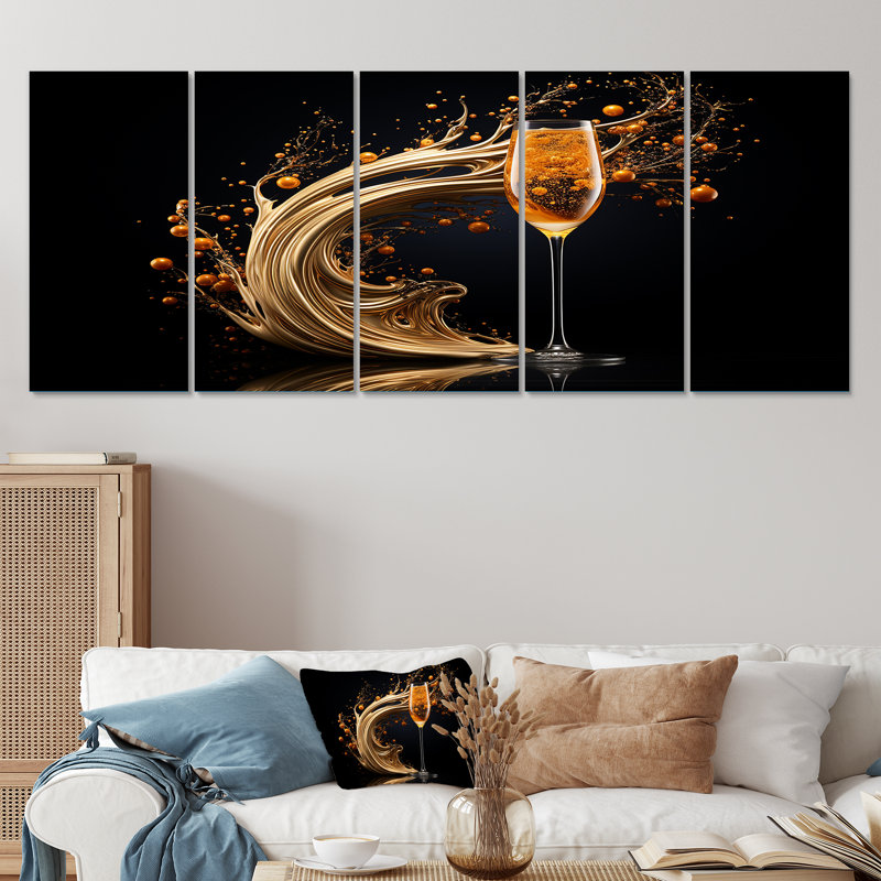 «Champagne Spiral Glass Gold Splash» - Champagne, art mural 5 pièces pour le salon, H 32 po x l 80 po