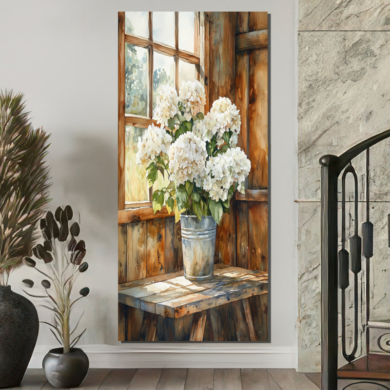 Hydrangées sur la table de grange III - art mural hortensias, H 60 po x l 28 po, Toile tendue, Ne s’applique pas