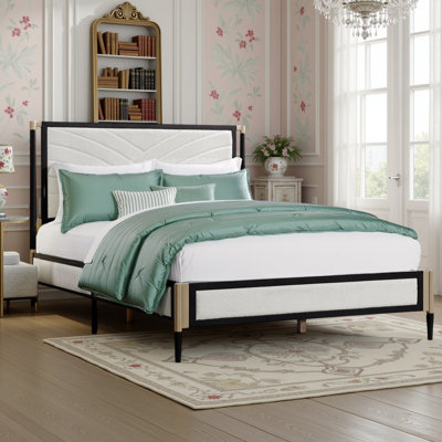 White Platform Bed with Boucle Fabric Headboard and Metal Frame