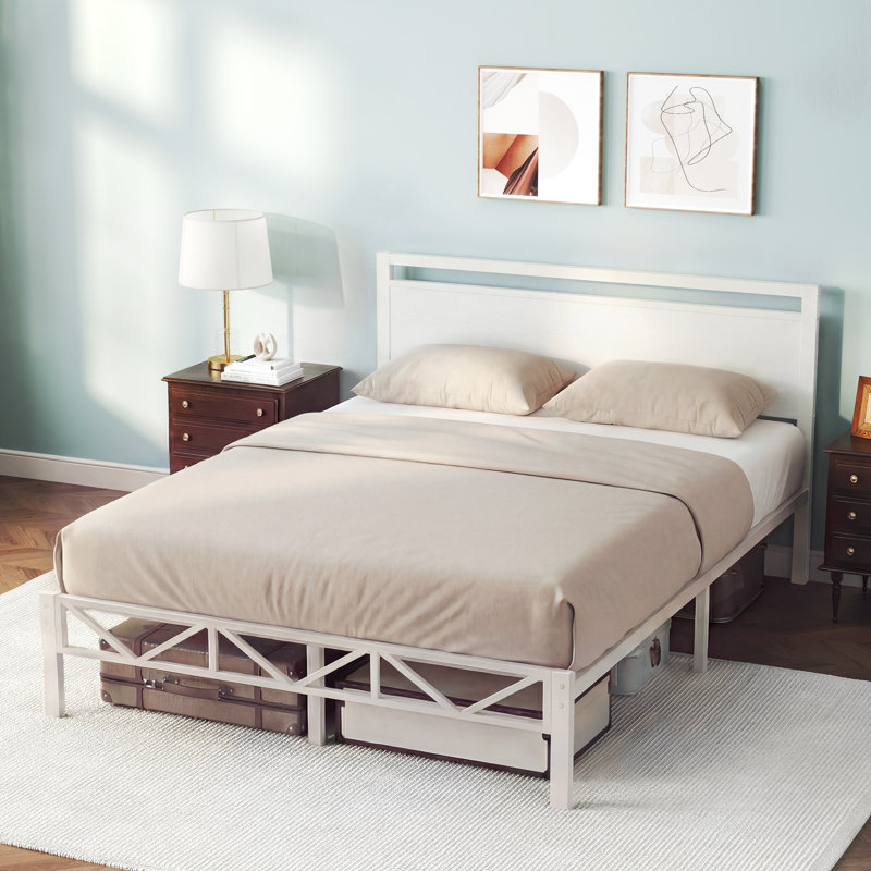 Full Size Bed Frame With Headboard & Footboard, Easy Assembly Sturdy Metal Platform Bed, Anti-slip & Silent Support, No Box Spring Needed With Underbed Storage, Modern Bedroom Furniture, White