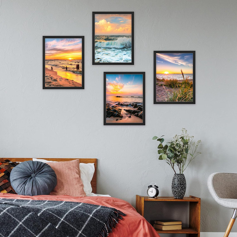 Encadrement pastel coucher de soleil nautique océan plage, ensemble de 4 impressions murales colorées de paysage encadrées sur papier, impression de 4 pièces