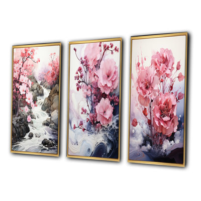 «Pink Grey Minimalisme Serenity In River», 3 pièces sur toile