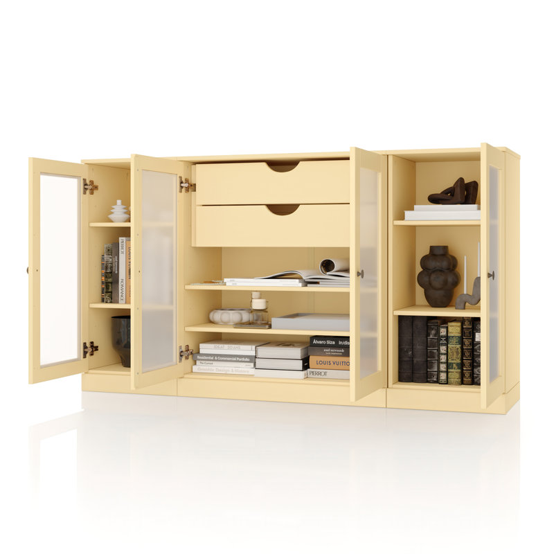 100% Solid Wood 65" Sideboard with Frosted Glass Doors, 2-Drawers and Adjustable Shelves, Yellow