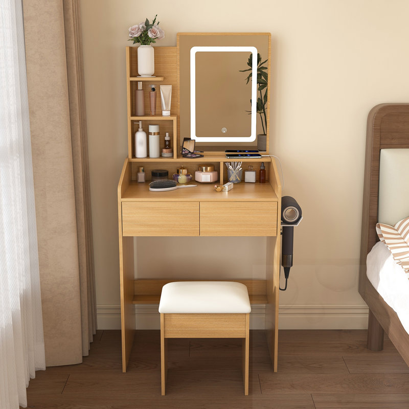 Table de coiffeuse à miroir DEL avec prise de courant, support pour sèche-cheveux et tabouret