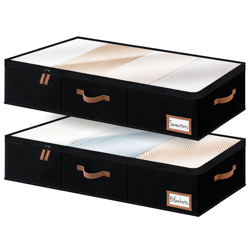 Large Underbed Storage Containers with Handles and Label Holder, Fabric Underbed Bins for Clothes, Blankets, Sweaters, Black