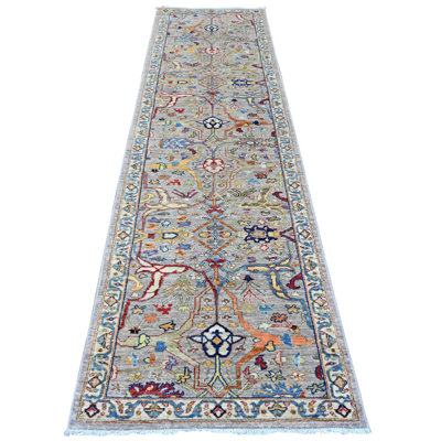 3'x10'10" Cloud Gray, Peshawar with Bijar Garus Design, Aryana Collection, Hand Knotted, Vegetable Dyes, High Mountain Wool, Densely Woven, Runner, Oriental Rug