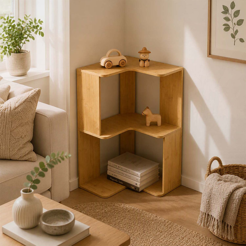 Bibliothèque d'angle modulaire en bambou avec structure ondulée et bords de sécurité arrondis pour des solutions de rangement polyvalentes