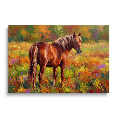 Multicolor Canvas Horse in Flower Field Landscape Painting, Painterly Wall Art for Living Room Dining Room and Bedroom