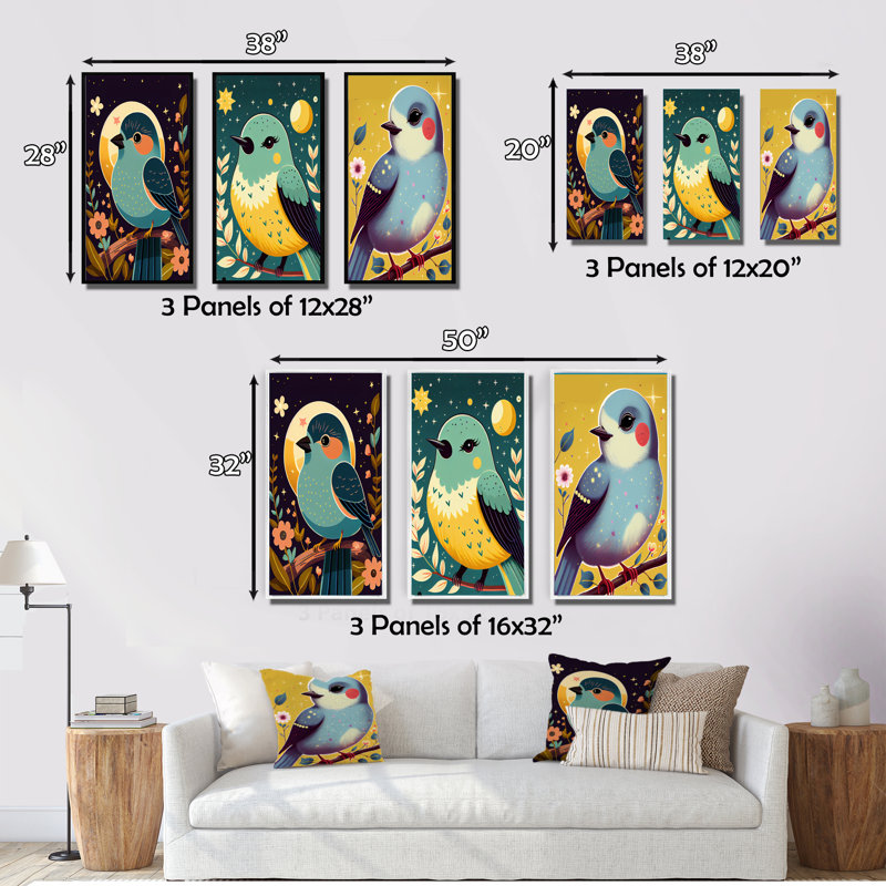 "Mignon oiseau bleu assis sur une branche" - 3 pièces sur toile, Blanc, H 32 po x l 48 po