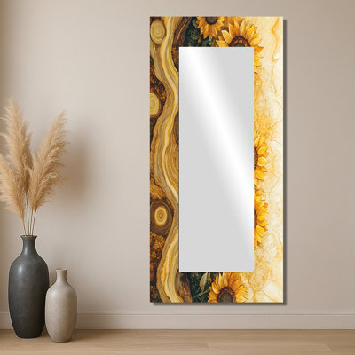 Tournesols, paysage au-dessus de glissades en bois II - Art mural miroir floral - imprimé sur métal