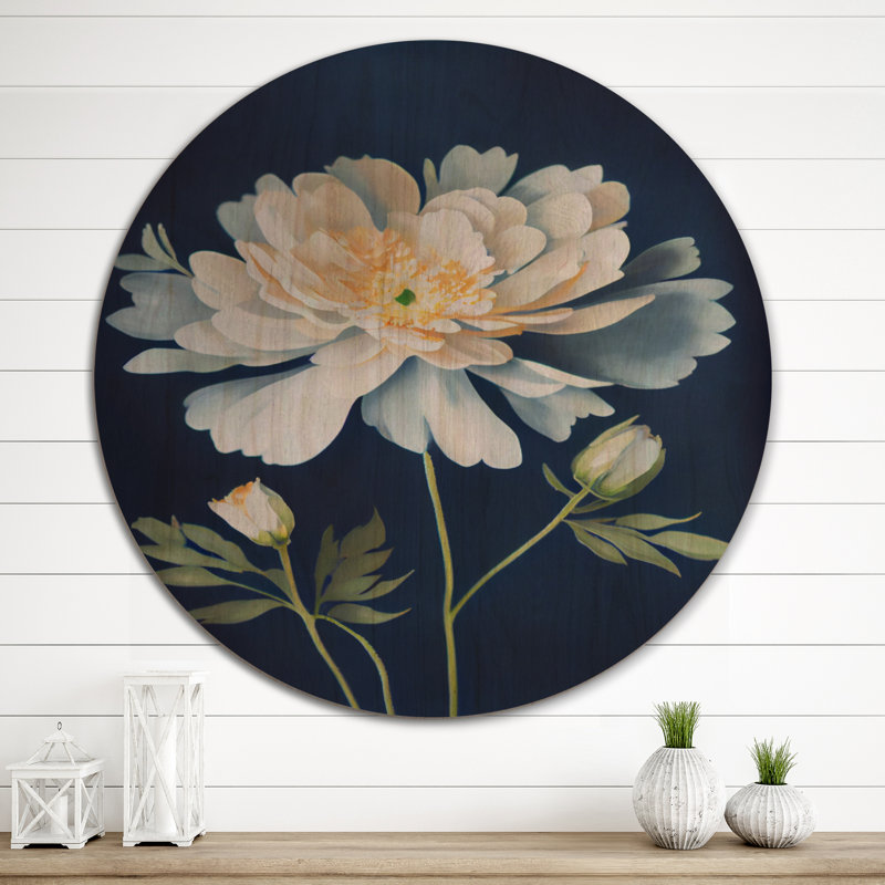 Simple fleur sauvage blanche sur fond bleu rétro VII - impression florale sur bois, H 36 po x l 36 po x P 1 po