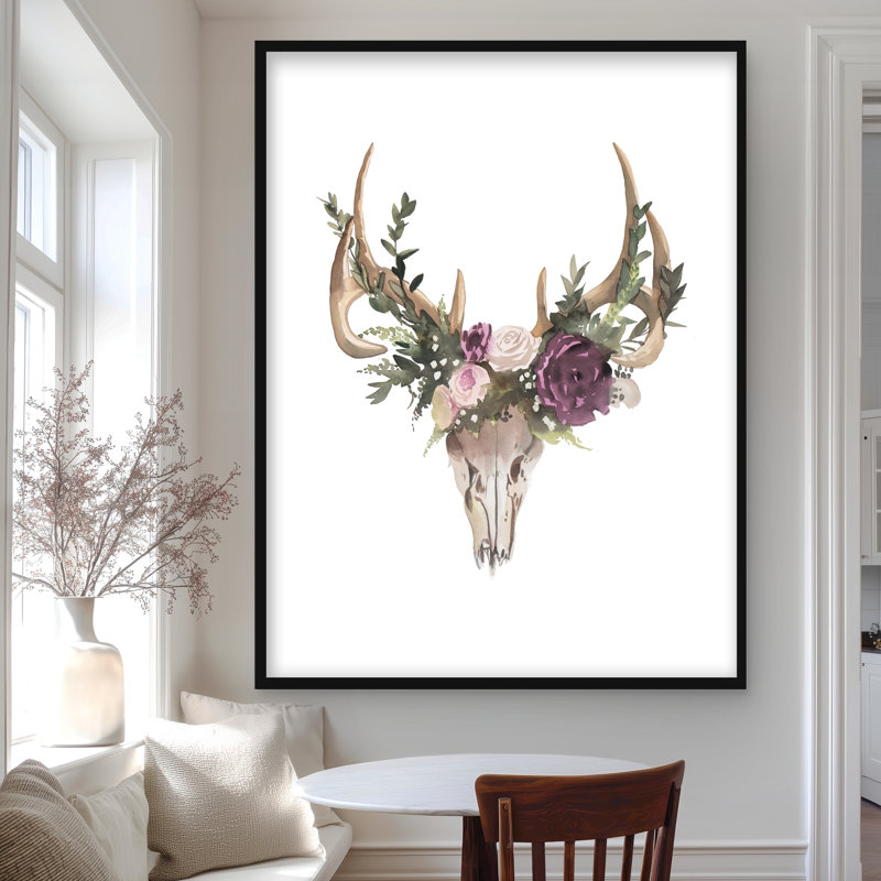 Crâne de cerf avec fleurs - reproduction florale encadrée pour la décoration intérieure, H 48 po x l 36 po