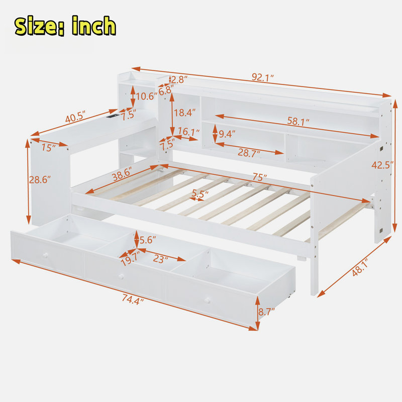Wooden Daybed With 3 Drawers, Usb Ports And Desk, Twin, White