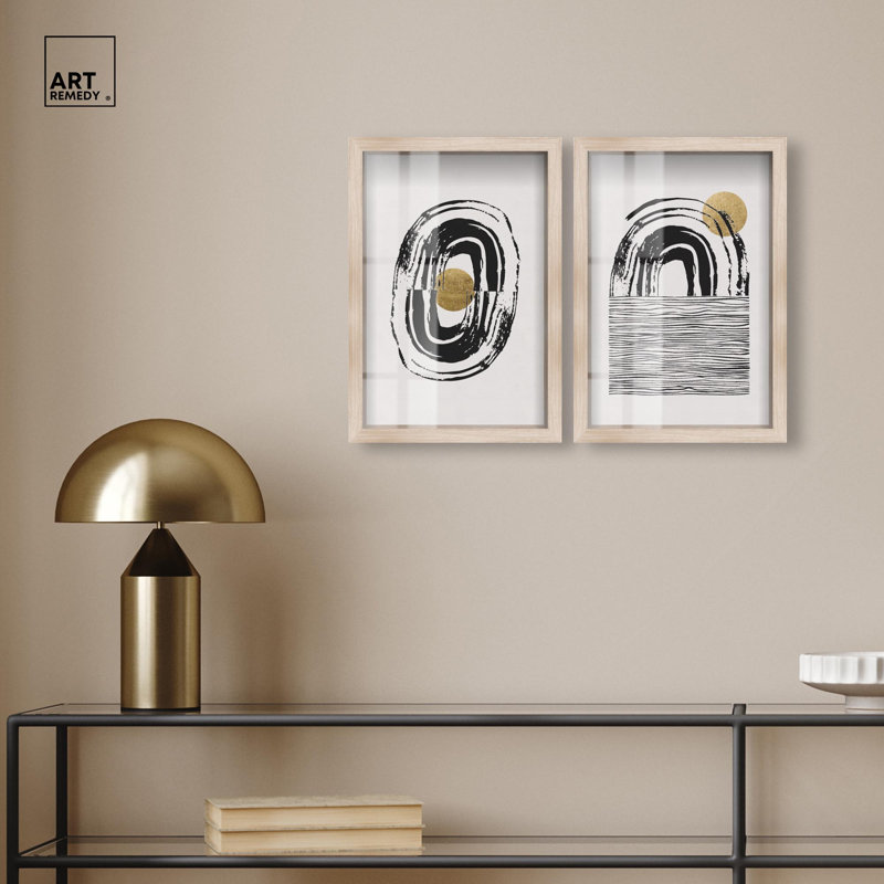 Ensemble d'art moderne pour salon « Motion in Gold » avec impression sous cadre-vitrine, par Art Remedy, cadre noir, 10 x 15
