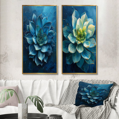 Green Blue Succulent Blooming Dream I - Succulent Wall Art 2 Pieces Set