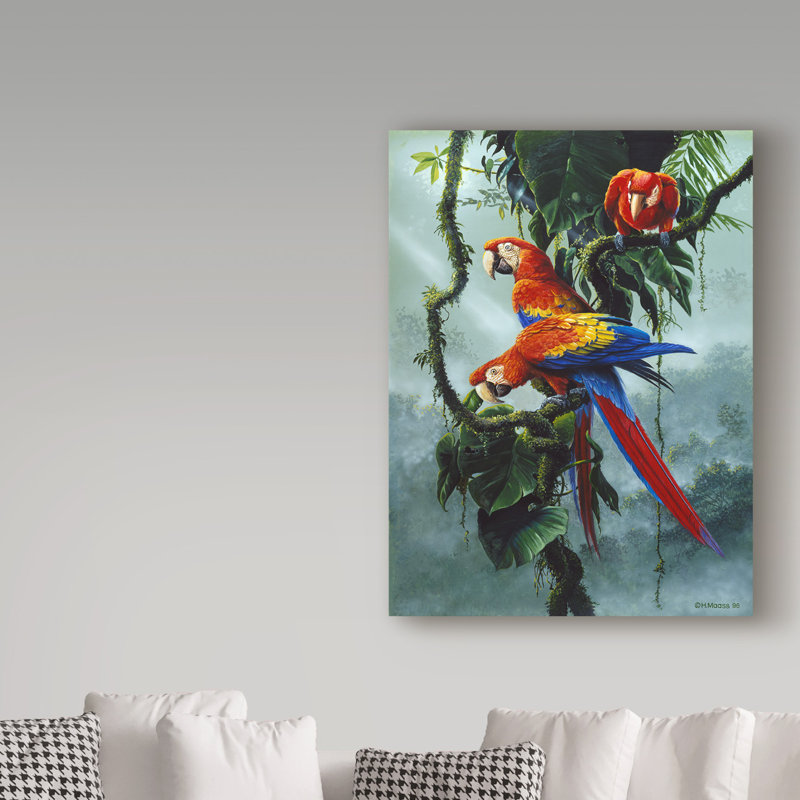 Yand «Red and Yellow Macaws», reproduction de peinture acrylique sur toile tendue, H 24 po x l 18 po x P 2 po