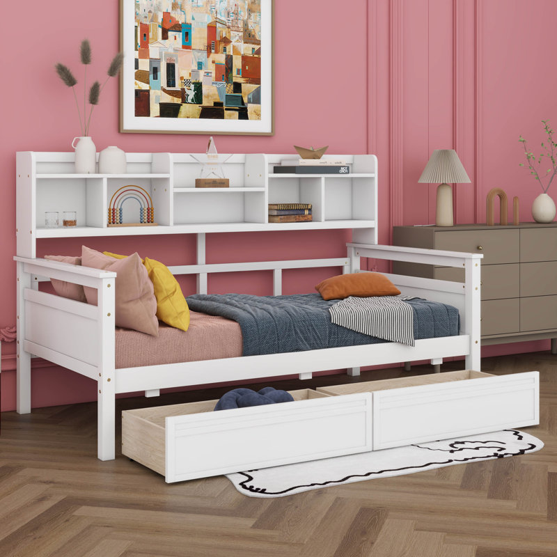 Lit de jour simple en bois avec tablettes de chevet et deux tiroirs, structure de canapé-lit pour enfants, adolescents, adultes