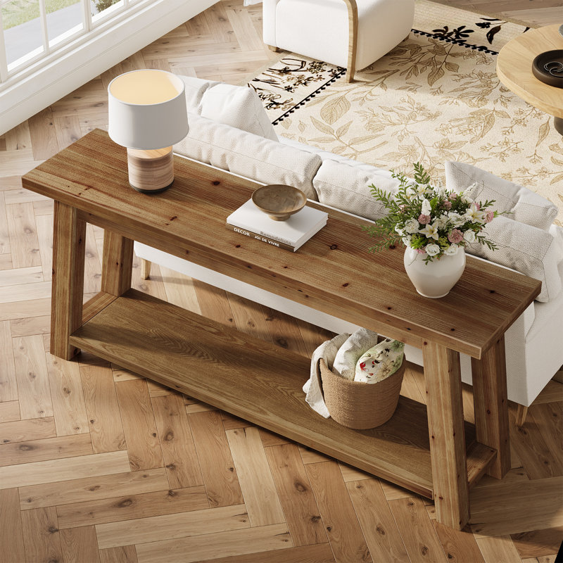 70.8'' Long Solid Wood Entryway Console Table With Shelf, 1.97'' Thick One-piece Solid Wood Tabletop, Medium Brown