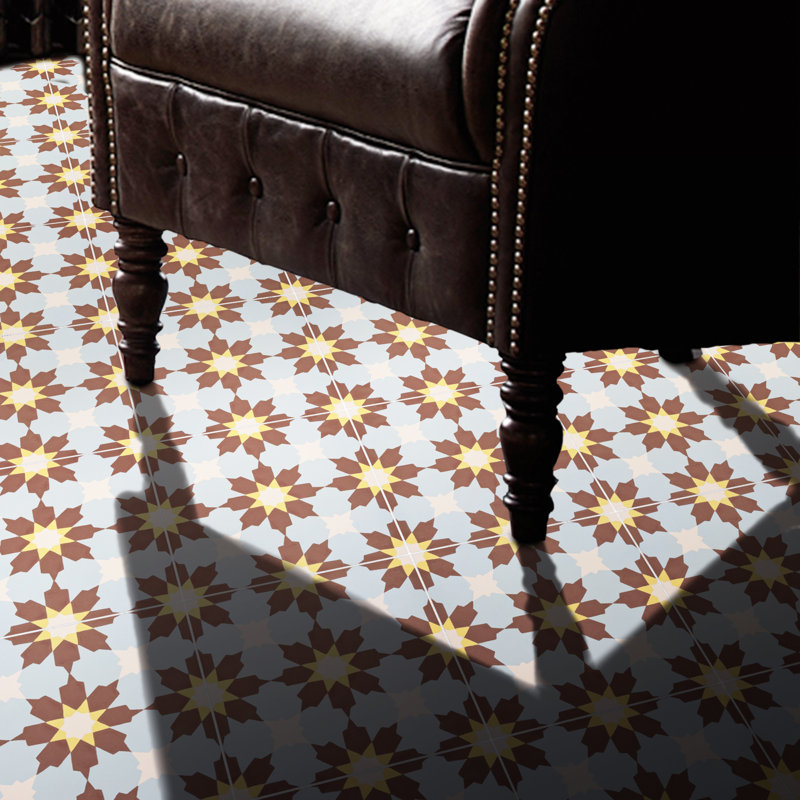 Ahfir 8" x 8" Cement Singular Wall & Floor Tile, Brown/Blue/Yellow