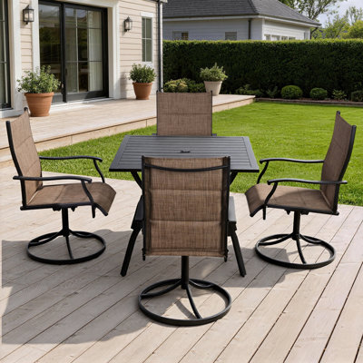 5-Piece Patio Dining Set with 4 Swivel Chairs & Square Metal Table, Umbrella Hole, All-Weather Outdoor Furniture - Brown