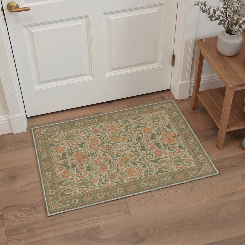 Avianora Floral Machine Washable Green / Beige Indoor Area Rug with Non-Slip Backing, Rectangle 8' x 10'