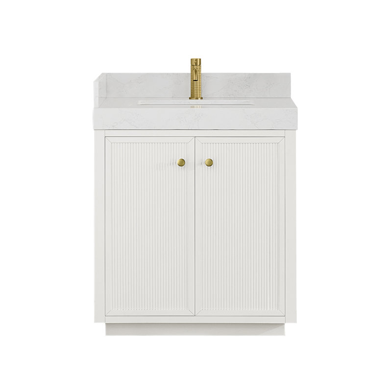 Meuble-lavabo simple 30 po en blanc avec plateau en pierre à grain blanc Autry, Blanc