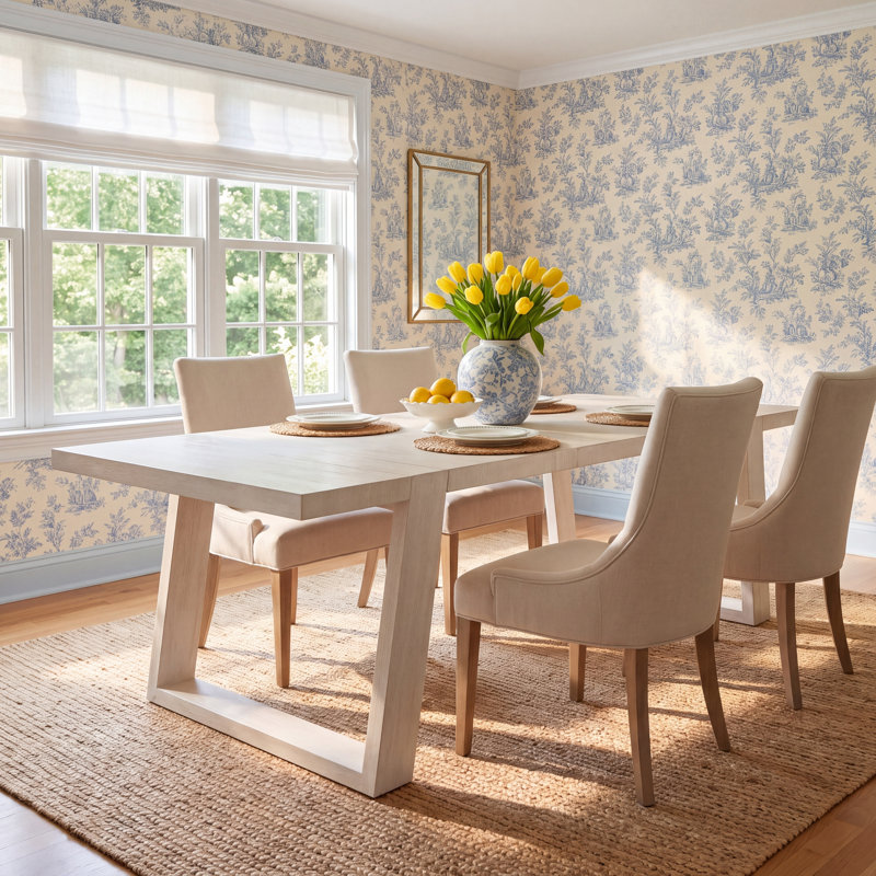 Baxley 126 " Extendable Oak and Ash Rectangular Solid Wood Top with Solid Wood Base Dining Table, Ivory
