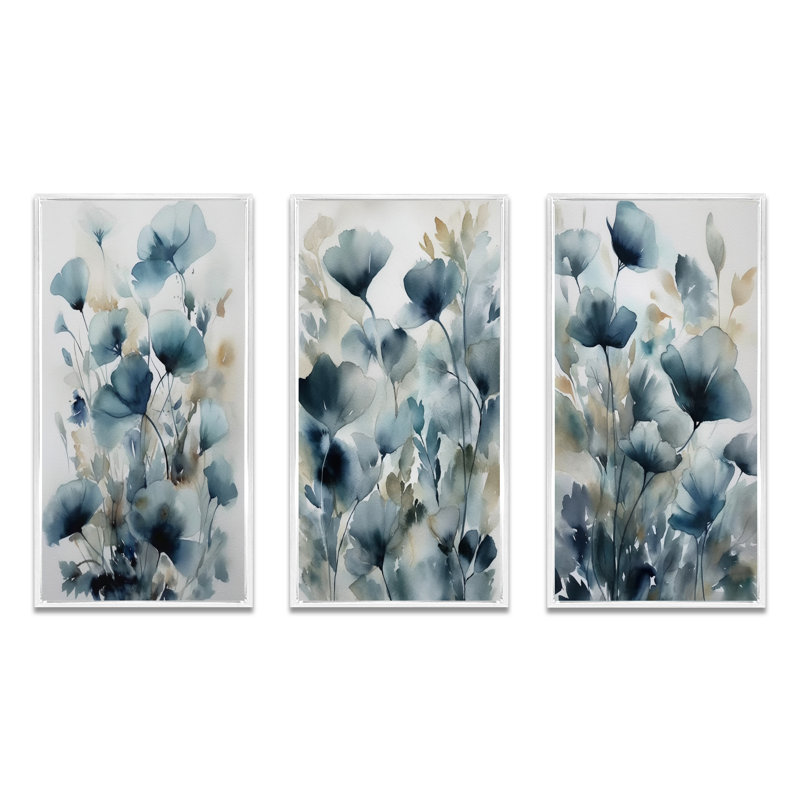 3 pièces sur toile - Feuillage bleu et fleurs, Cadre flottant blanc, H 40 po x l 60 po
