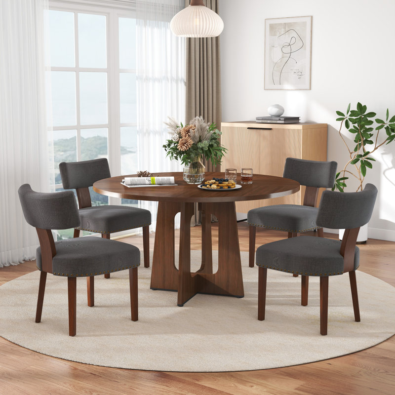 47in Round Dining Table and 4 T-Shape Upholstered Chairs Set, Oak/Walnut/Marble Pattern Finished Table & Chairs, Farmhouse for Kitchen