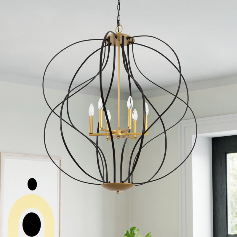 Avers 35.4" W 6-Light Dimmable Sloped Ceiling Compatible Geometric Chandelier, Matte Black/Gold