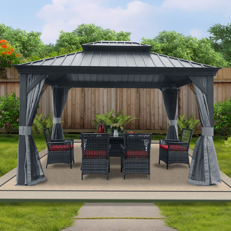 Kozyard Alexander Gray Double Roof Hardtop Gazebo with Privacy Curtain Mosquito Netting, 12 (ft) x 12 (ft)