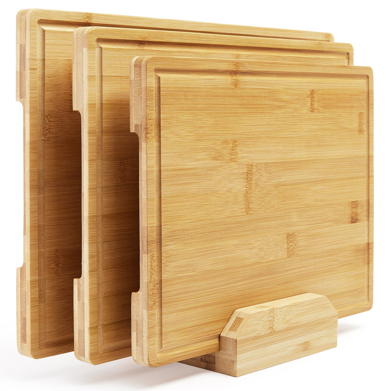 3-Piece Bamboo Cutting Board Set with Holder, Deep Juice Grooves and Built-In Handles, Heavy Duty 0.8 in Thick Wooden Chopping Boards for Meat, Vegetables and Fruit