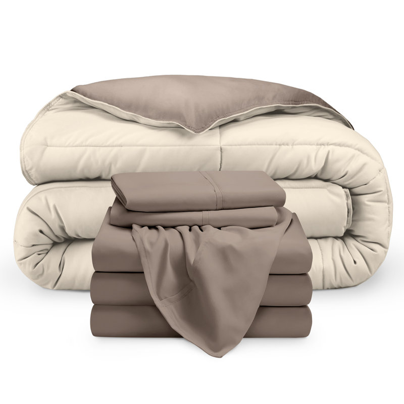 Microfiber Reversible Bed-In-A-Bag, Split King Comforter + 2 Pillowcases, Taupe/Sand, Taupe