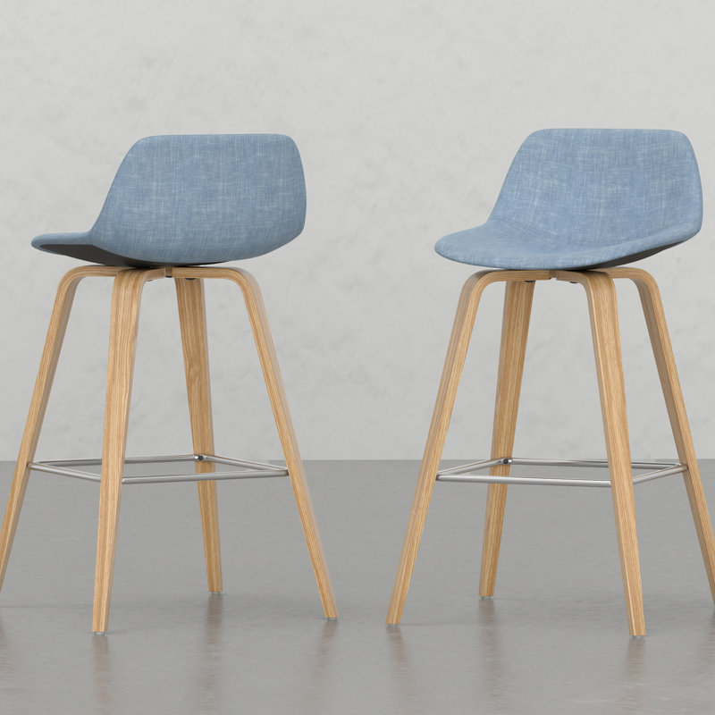 2 tabourets de bar - style rétro, revêtement bleu, bois et combinaison de comptoir à hauteur d'influence 2, rembourrage en mousse, pieds avec repose-pieds