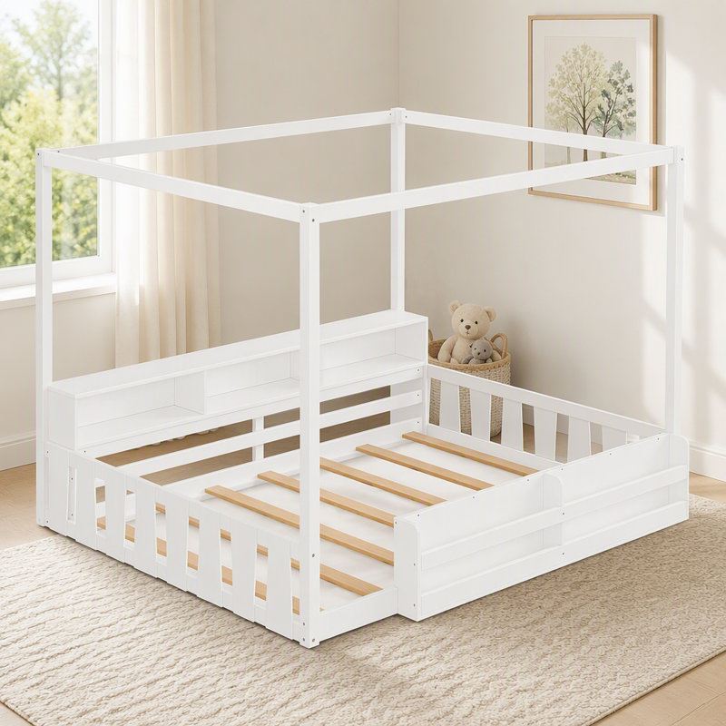 Lit Montessori au sol de taille standard avec barrière et garde-corps, Full / Double, White