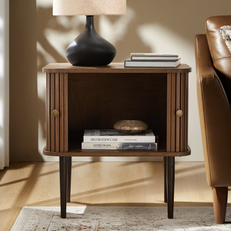 Vetter Modern 21.6" W Modern Slattd Tambour Door End Table, Walnut