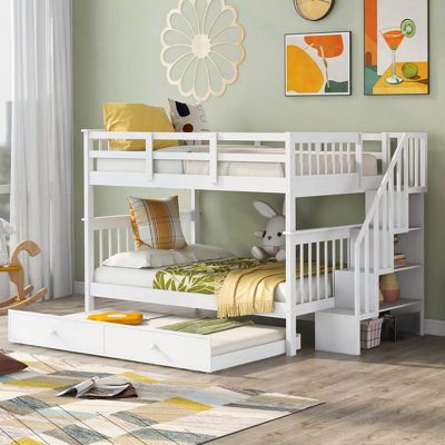 Full-Over-Full Bunk Bed with Twin size Trundle, Storage and Guard Rail for Bedroom, Dorm