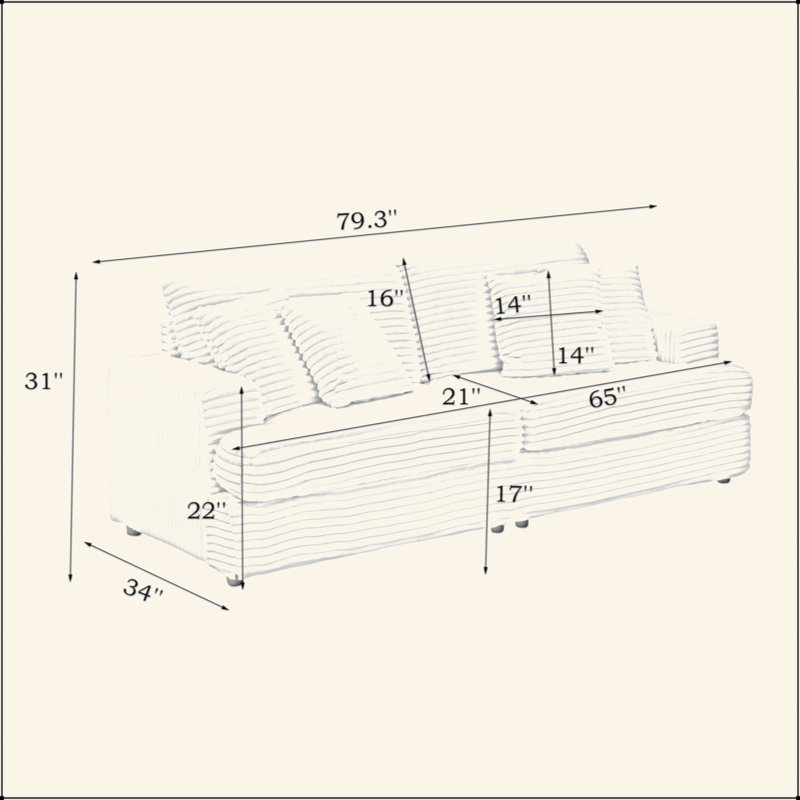 Canapé en velours côtelé de 79,3 po de long avec 4 coussins assortis, canapé élégant à 3 places spacieux et confortable au design élégant convenant au salon moderne