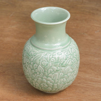NOVICA Handmade Jade Landscape Celadon Ceramic Vase