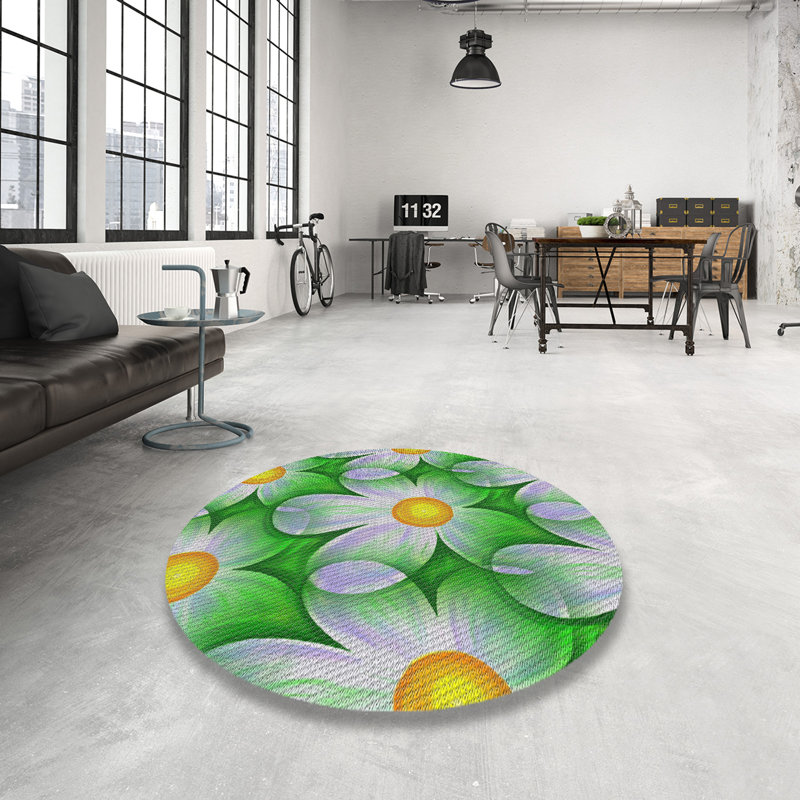 Tapis vert/orange à motifs, Rond 3 pi