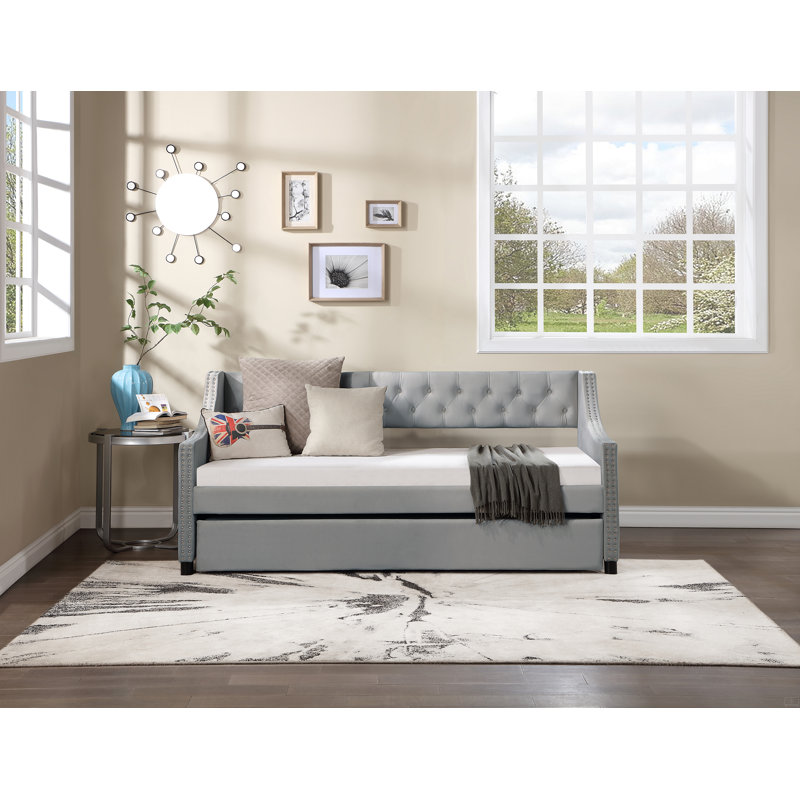 Twin Size Upholstered Daybed With Trundle,Sturdy Wood Bedframe W/ Bedframe Tufted Button & Copper Nail On Arms Design, Gray