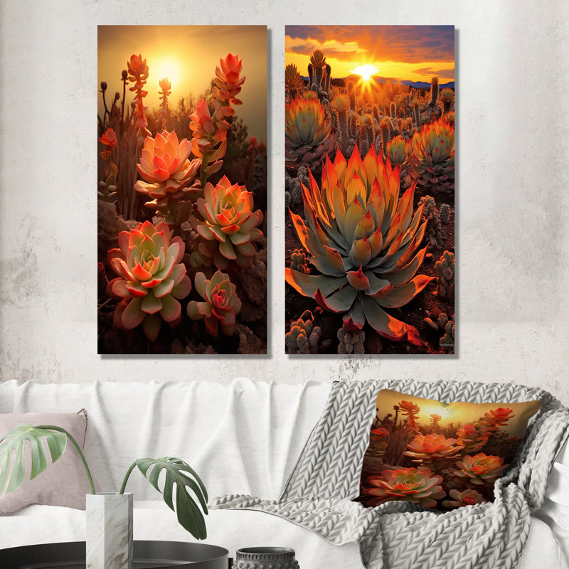 Coucher de soleil vert et rouge sur fond de cactus, H 28 po x l 25 po, Toile tendue