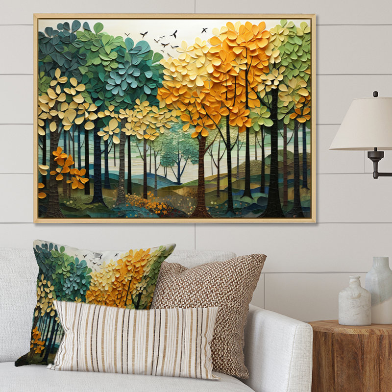 «Orange Green Trees Canopy Patchwork III», reproduction sur toile flottante, H 24 po x l 32 po x P 1 po, Naturel