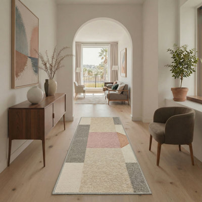 Abdellah Modern Geometric Machine Washable Pink/Beige/Grey Indoor Area Rug With Non-Slip Backing