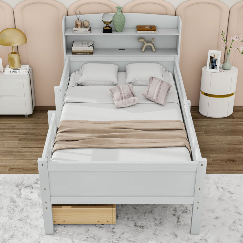 Lit plateforme simple en bois avec tiroirs de rangement, tablettes, port USB et lumière DEL, Blanc