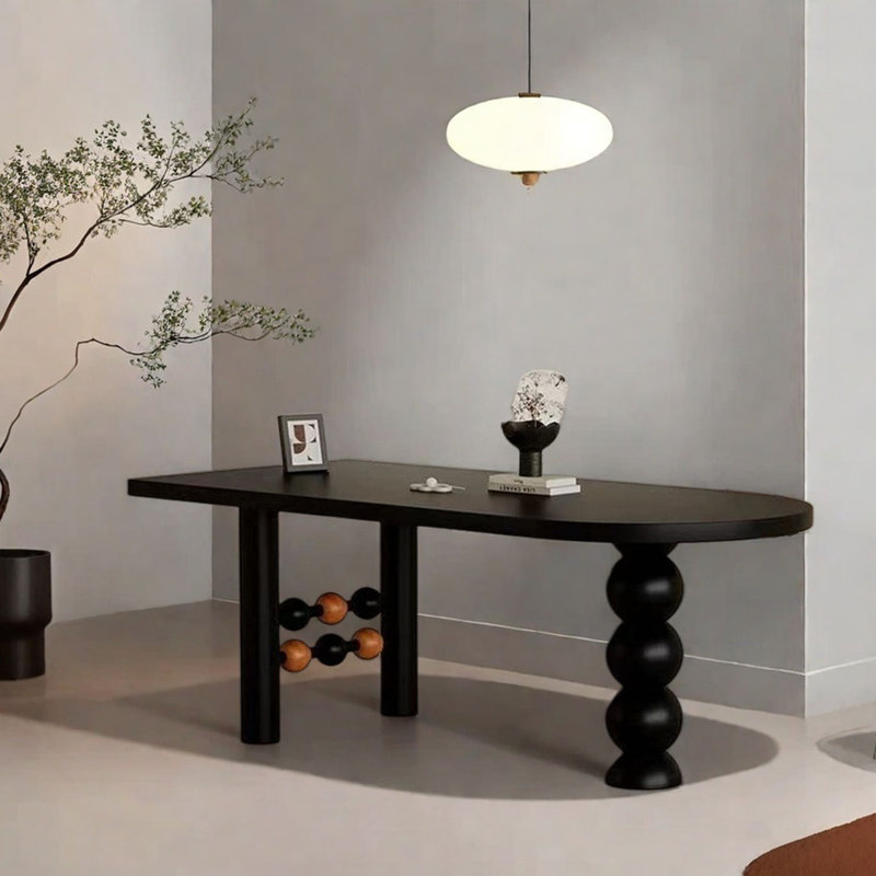 Black Half-Moon Solid Wood Dining Table, 29.5"H x 78.7"L x 31.5"W