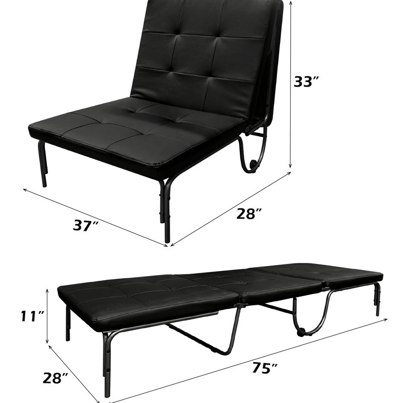 Black Adjustable Futon Chair That Transforms To A Foldable Bed, Pu Cushioned For Comfort, Metal Frame And Caster Wheels, 220lbs Load Limit, Mode 37"w X 28"d 33"h, Bed 75"w 11"h Finish Convertible