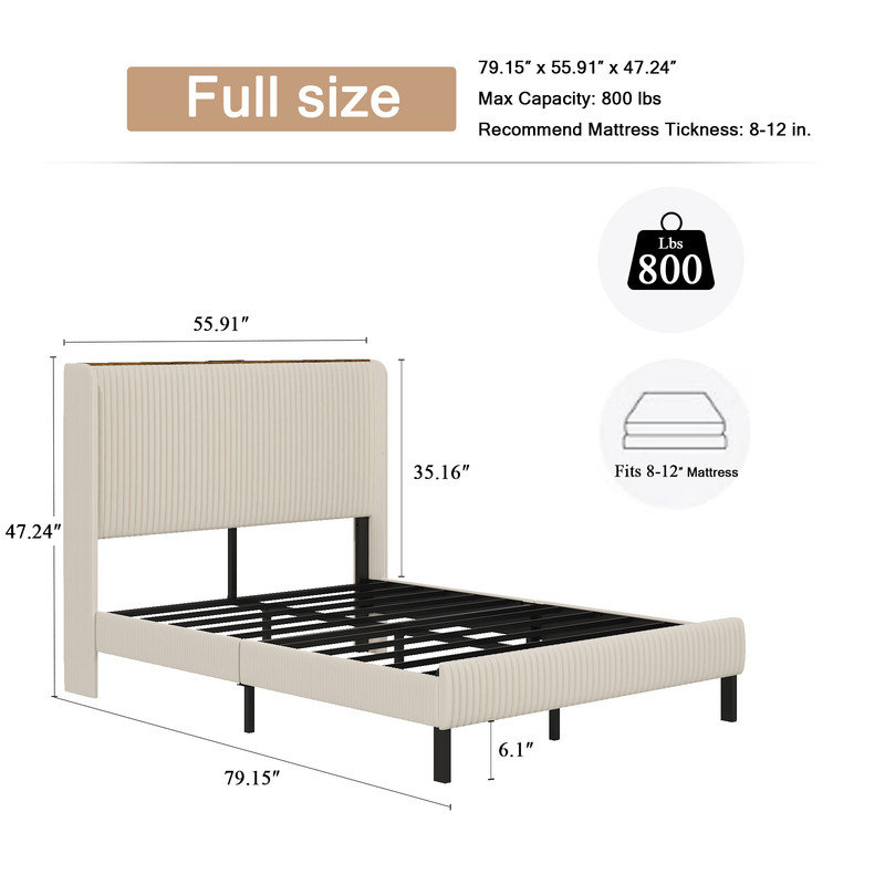 Base de lit plateforme grand format avec station de charge USB et tête de lit avec rangement, Double XL