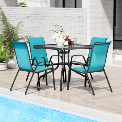 Melisa Patio Dining Set 5 Pieces, All Weather Outdoor Furniture W/30"X 30" Table and 4 Stackable PVC-coated polyester Chairs, Metal Table and Chairs for Patio, Lawn, Garden, Poolside, Backyard (Umbrella not Included)
